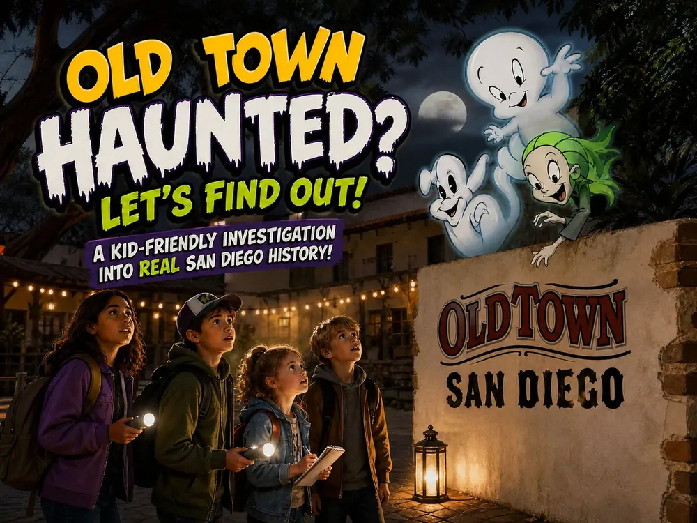 Kids with flashlights investigating Old Town San Diego at night while cartoon ghosts float above an adobe wall, under the headline Old Town Haunted? Let's Find Out! A kid-friendly investigation into real San Diego history.